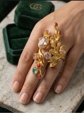 Turkish Ring 22k gold plated over brass with decorative gem stones, adjustable